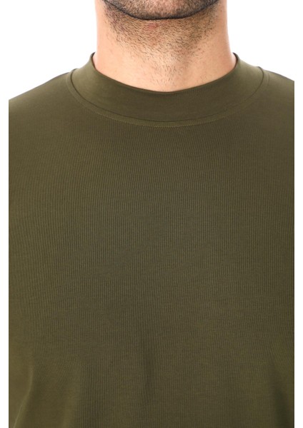 Erkek Dik Yaka Slim Fit Pamuk Likra Tişört-Haki indirimleri