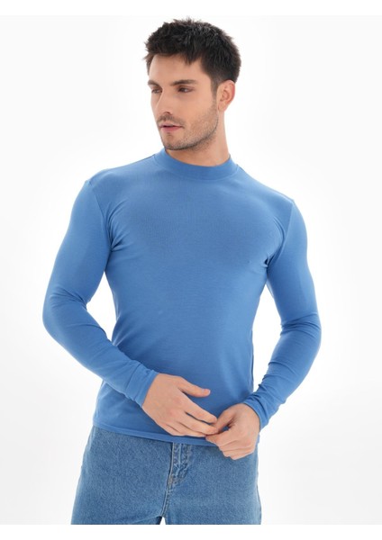 Erkek Dik Yaka Slim Fit Pamuk Likra Tişört-Koyu Mavi modelleri