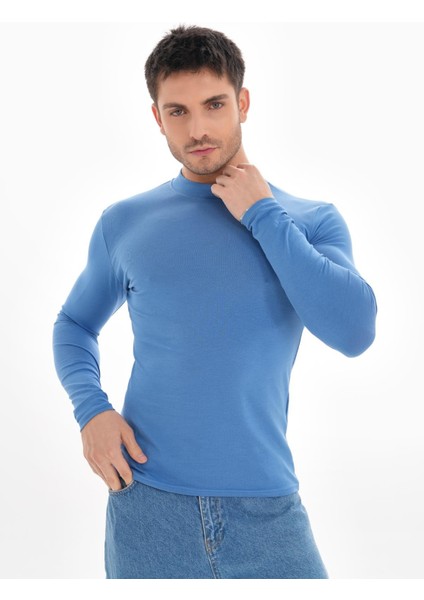 Erkek Dik Yaka Slim Fit Pamuk Likra Tişört-Koyu Mavi fırsatları