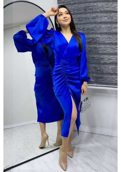 Kadın Saten Kruvaze Drapeli Yırtmaç Detaylı Balon Kol Büyük Beden Elbise Taba, Kırmızı, Zümrüt Yeşil, Siyah, Saks, Lacivert,İndigo fiyatları