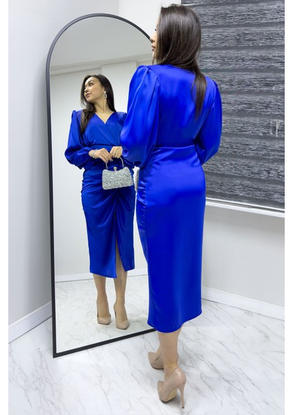 Kadın Saten Kruvaze Drapeli Yırtmaç Detaylı Balon Kol Büyük Beden Elbise Taba, Kırmızı, Zümrüt Yeşil, Siyah, Saks, Lacivert,İndigo fırsatları