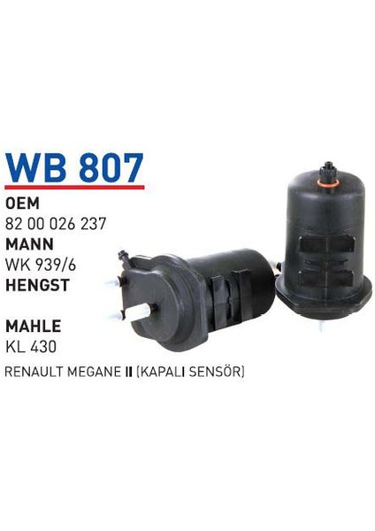 Wb807 Oem 8200026237 Renault Megane II Yakıt Filtre Mazot