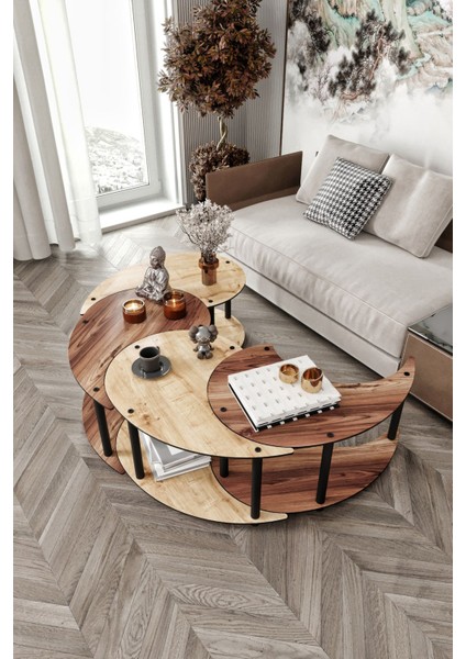 Yin Yang Unıty Serenıty 4'lü Safir Meşe Madran Ceviz 90 cm Çap Orta Sehpa