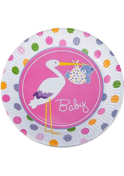 Baby Shower Pembe Leylek Karton Tabak 8'li