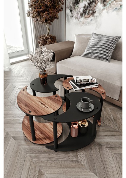 Yin Yang Unıty Serenıty 4'lü Siyah Ceviz 70 cm Orta Sehpa