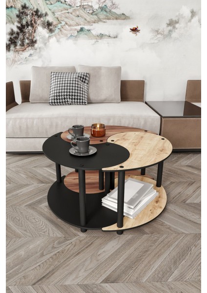 Yin Yang Unity Serenity 3'lü Meşe Ceviz Siyah 70 cm Orta Sehpa