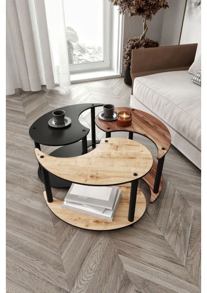 Yin Yang Unity Serenity 3'lü Meşe Ceviz Siyah 70 cm Orta Sehpa