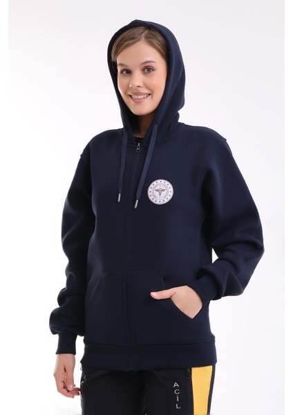 112 Acil Sağlık Unisex Kapşonlu Hırka - Lacivert