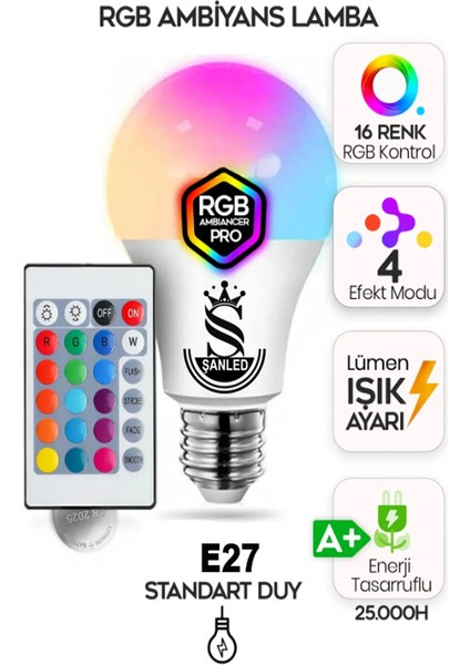 Rgb LED Lamba Ampül Kumandalı Ambiyans Aydınlatma Tasarruflu Renk Değiştiren LED Işık