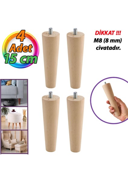 4 Adet Ahşap 15 cm Dolap Mobilya Koltuk Kanepe Destek Ayağı - Konik M8 Civatalı