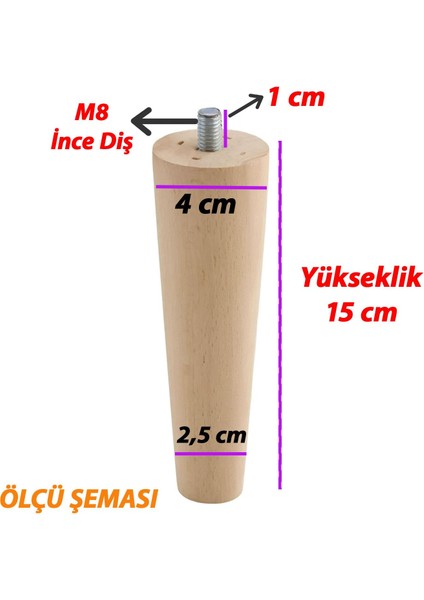 4 Adet Ahşap 15 cm Dolap Mobilya Koltuk Kanepe Destek Ayağı - Konik M8 Civatalı