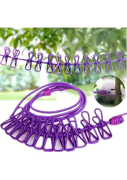 Buffer® Taşınabilir Seyahat Çamaşır Ipi 12 Mandallı Klipsli Lastikli Çamaşır Mandalları