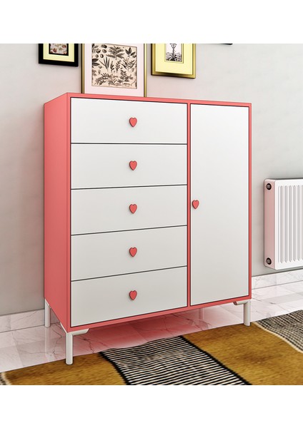 Kardelahome Kardela Mdf Yetişkin ve Bebek Odası Çocuk Şifonyer 5 Çekmeceli 1 Kapaklı 3 Raflı Pembe ve Beyaz