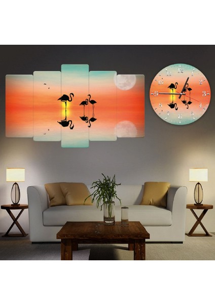 Zevahir 5 Parça Mdf Flamingo Tablo Ve Mdf Saat Kombin