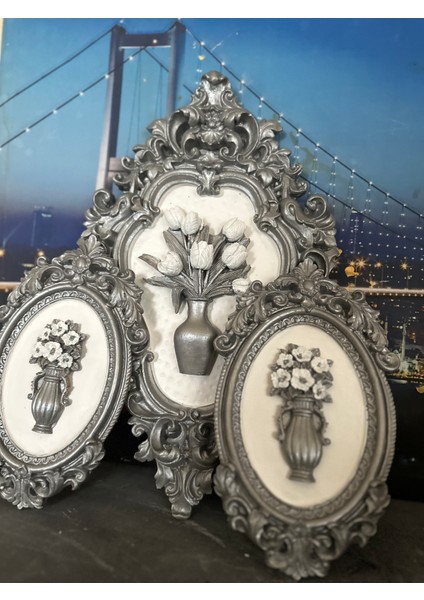 Gümüş Çiçekli 3 Lü Duvar Tablo 42CM