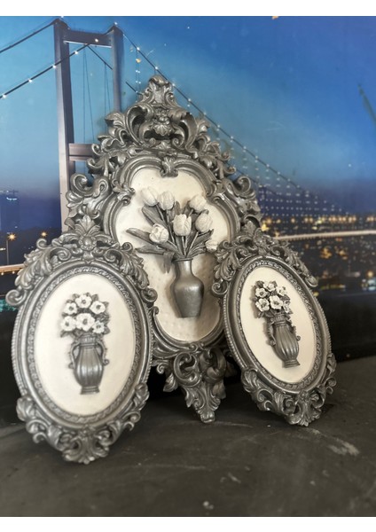 Gümüş Çiçekli 3 Lü Duvar Tablo 42CM fiyatları