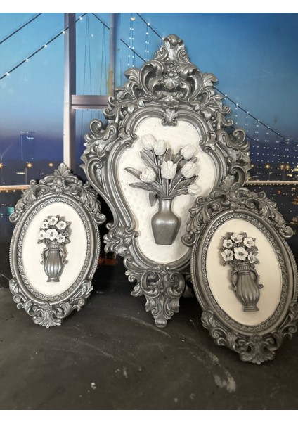 Gümüş Çiçekli 3 Lü Duvar Tablo 42CM modelleri