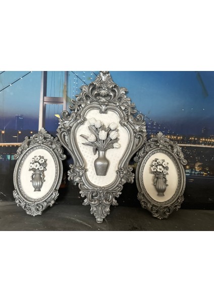 Gümüş Çiçekli 3 Lü Duvar Tablo 42CM fırsatları