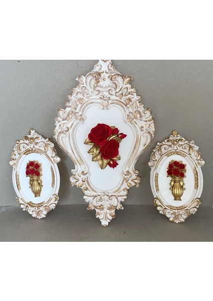 Kırmızı Gül Detaylı 3lü Tablo Set 42 cm