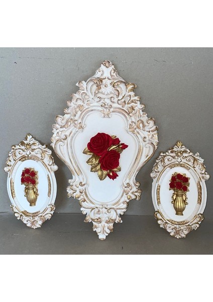 Kırmızı Gül Detaylı 3lü Tablo Set 42 cm modelleri