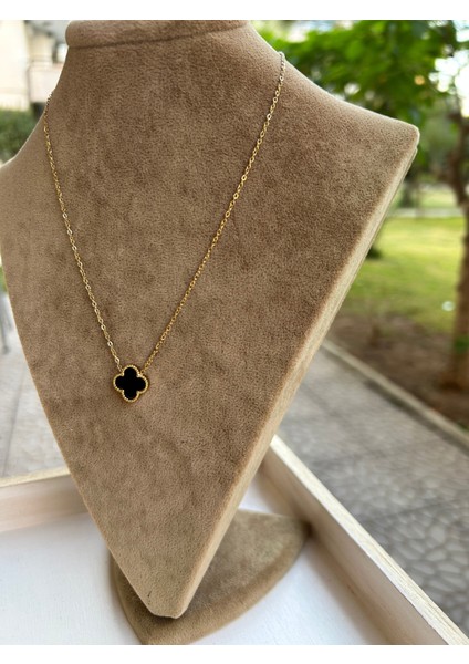 Çelik Gold Siyah Mineli 4 Yapraklı Yonca Kolye indirimleri