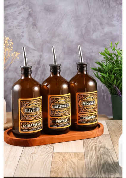500 Ml Amber Renkli Vintage Tasarımlı Ahşap Stantlı Zeytinyağı Şişesi, Sıvıyağ Ve Sirke Şisesi