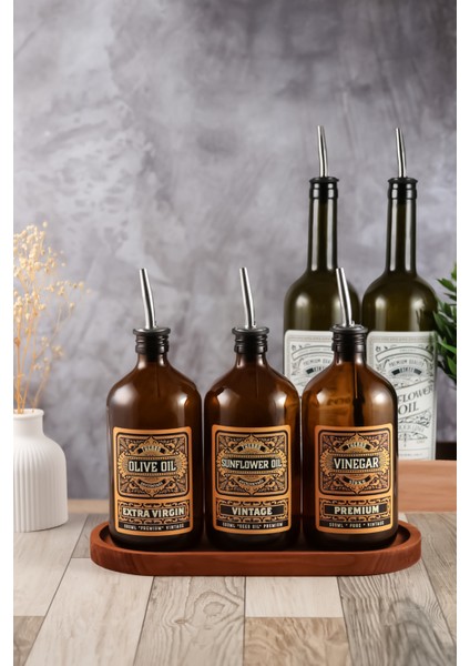 500 Ml Amber Renkli Vintage Tasarımlı Ahşap Stantlı Zeytinyağı Şişesi, Sıvıyağ Ve Sirke Şisesi
