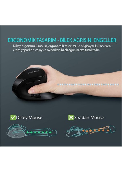 Bluetooth+2.4 G Kablosuz Dikey Ergonomik Şarj Edilebilir Sessiz Mouse