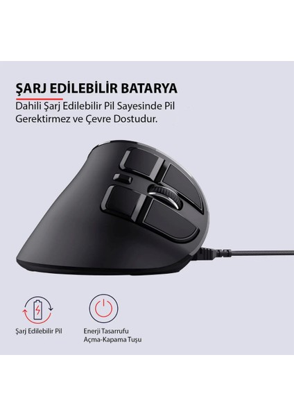 Bluetooth+2.4 G Kablosuz Dikey Ergonomik Şarj Edilebilir Sessiz Mouse