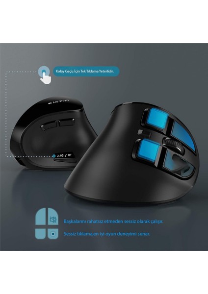 Bluetooth+2.4 G Kablosuz Dikey Ergonomik Şarj Edilebilir Sessiz Mouse