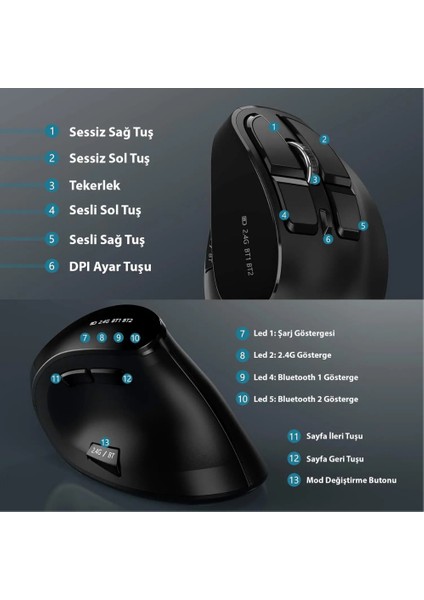 Bluetooth+2.4 G Kablosuz Dikey Ergonomik Şarj Edilebilir Sessiz Mouse