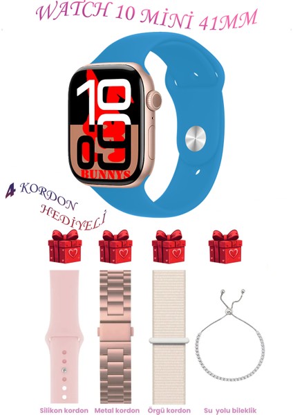 Apple iPhone 12 Uyumlu Açık Mavi Akıllı Saat Watch 10 Mini Kordon Hediyeli Amoled Ekran 41MM