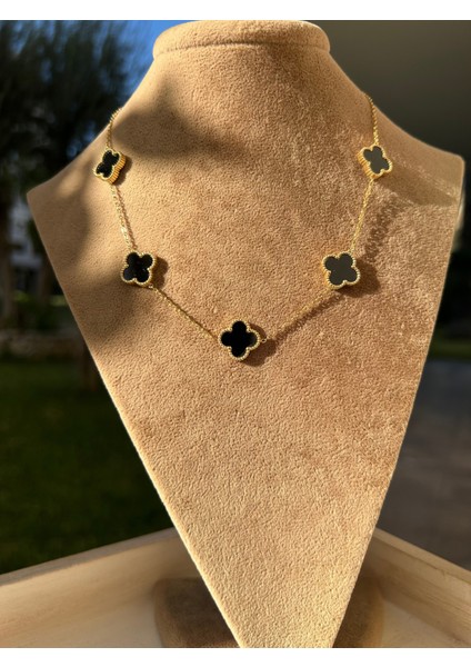 Çelik Gold Siyah Mineli 4 Yapraklı Çoklu Yonca Kolye