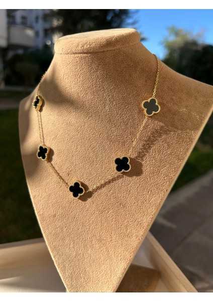 Çelik Gold Siyah Mineli 4 Yapraklı Çoklu Yonca Kolye modelleri