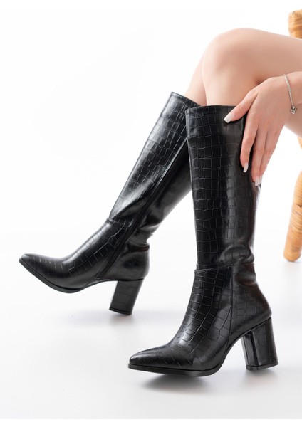 YSN-4422 Siyah Kroko Topuklu Kadın Çizme modelleri