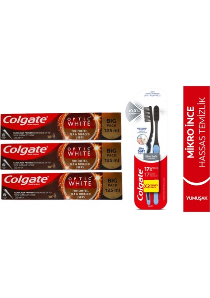Optic White Kahve Çay Tütün Kullanıcıları Diş Macunu 125 ml + Mikro Charcoal Hassas Yumuşak Fırça 3 + 2li
