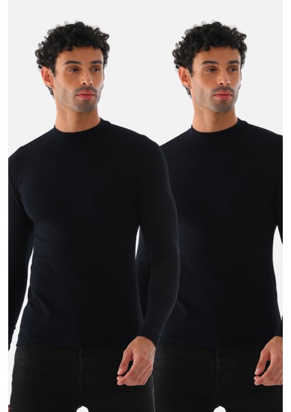 Erkek Dik Yaka Slim Fit Pamuk Likra Tişört 2'li Paket-Siyah-Siyah