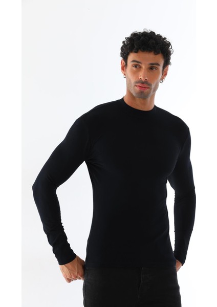Erkek Dik Yaka Slim Fit Pamuk Likra Tişört 2'li Paket-Siyah-Siyah fiyatları