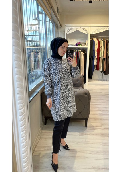 7067 Leopar Desenli Antrasit Tunik