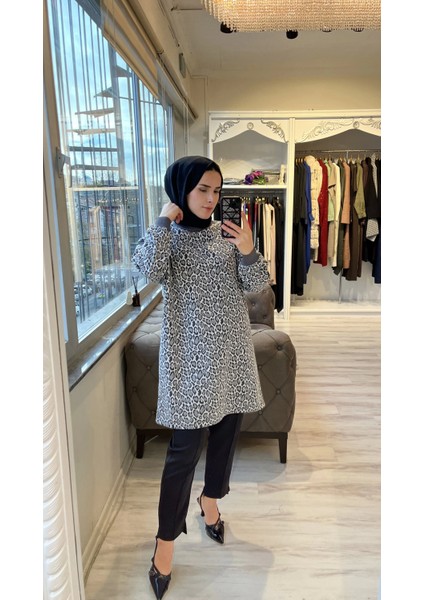 7067 Leopar Desenli Antrasit Tunik modelleri