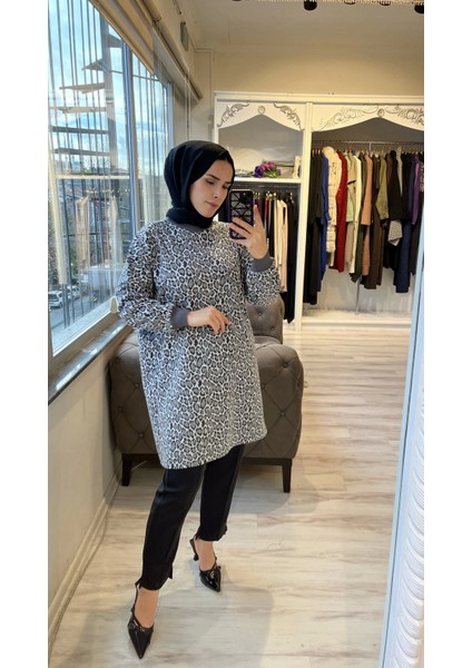 7067 Leopar Desenli Antrasit Tunik fırsatları