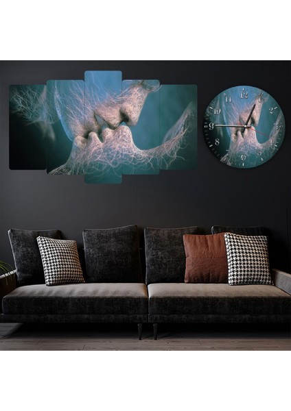 5 Parça Mdf Öpüşenler Modern Tablo ve Mdf Saat Kombin