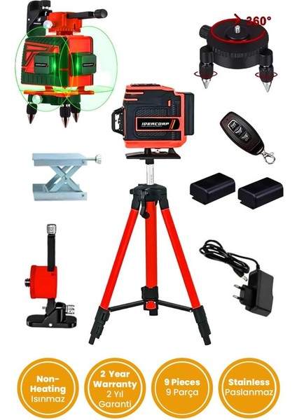 360° 12 Köşe Teleskopik 70 mt Ölçü 2x Akü Yeşil Çizgili Hizalama Lazer Metre Hizalama Makinesi