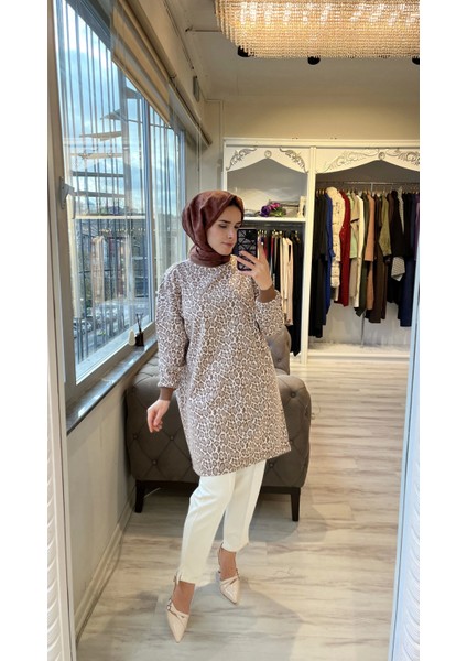 7067 Leopar Desenli Kahverengi Tunik
