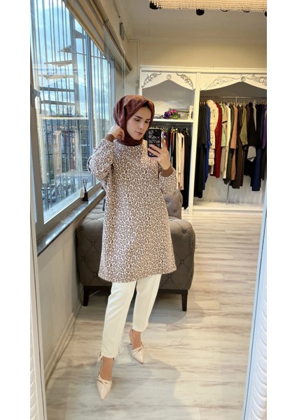 7067 Leopar Desenli Kahverengi Tunik modelleri