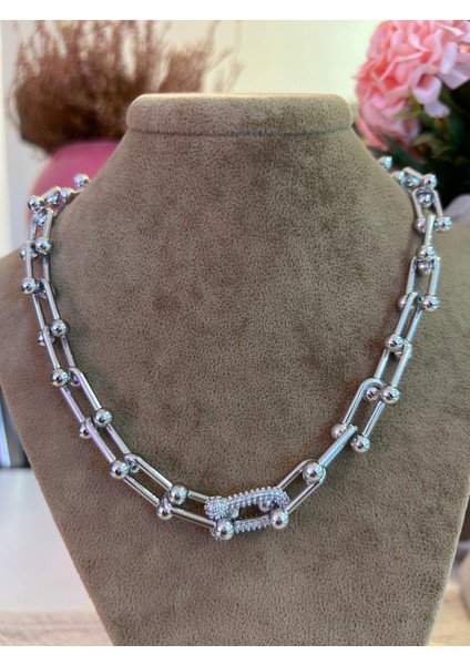 Vıp Çelik Silver Hardwear Zirkon Taşlı Büyük Boy Zincirli Kolye