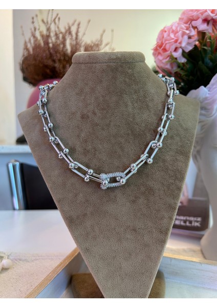 Vıp Çelik Silver Hardwear Zirkon Taşlı Büyük Boy Zincirli Kolye fiyatları