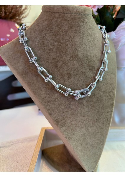 Vıp Çelik Silver Hardwear Zirkon Taşlı Büyük Boy Zincirli Kolye modelleri