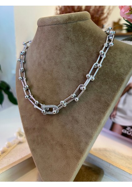Vıp Çelik Silver Hardwear Zirkon Taşlı Büyük Boy Zincirli Kolye fırsatları