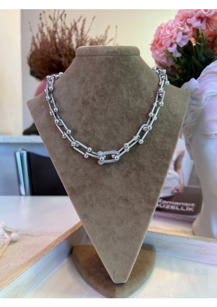Vıp Çelik Silver Hardwear Zirkon Taşlı Büyük Boy Zincirli Kolye indirimleri